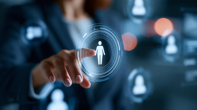 Faceless person interacting with a virtual training and development interface on screen, corporate learning technology, employee upskilling concept, with copy space