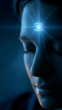 Glowing third eye symbol activated in the center of the forehead, spirituality and spiritual awakening concept, mindfulness and meditation symbolism, with copy space