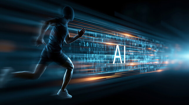 Digital illustration of a faceless running human figure alongside glowing AI-related text, futuristic speed and innovation concept, with copy space