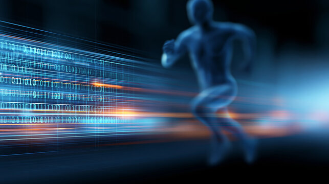 Digital illustration of a faceless running human figure alongside glowing AI-related text, futuristic speed and innovation concept, with copy space