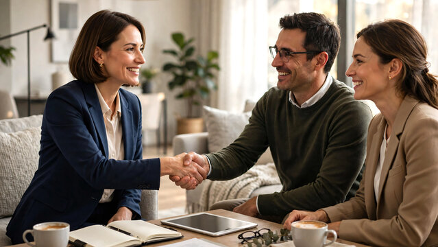 A smiling financial consultant shaking hands with a professional couple following a successful wealth management meeting in a contemporary home. 