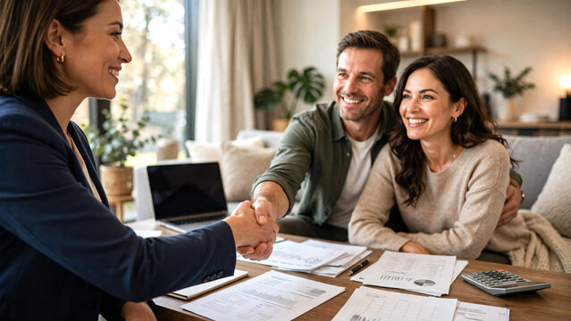 A professional financial advisor warmly shaking hands with a happy couple in a stylish modern home after a successful financial planning consultation. 