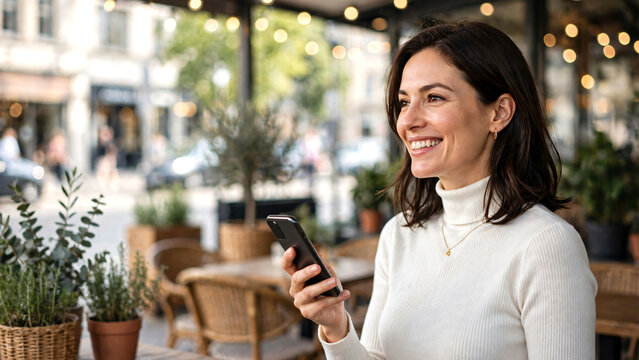 A smiling professional businesswoman dressed in an elegant white turtleneck using her smartphone while standing beside a now on a sunlit caf&eacute; terrace with wicker chairs, potted herbs, outdoors.