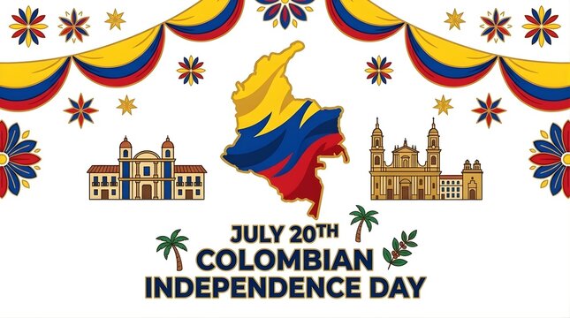 Colombian Independence Day July 20th graphic with map and national landmarks on white background.