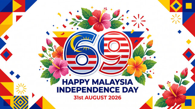 Colorful 69th anniversary banner for Malaysia Independence Day 2026.