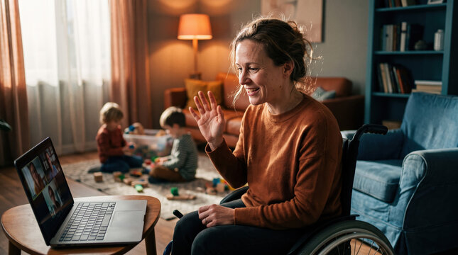Woman in Wheelchair Waving During Video Call While Kids Play at Home