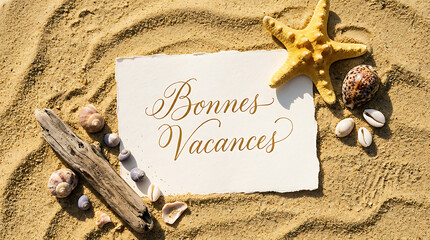Obraz premium Blank card on golden sand with starfish. Summer vacation greeting note on beach background.