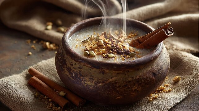 Steaming warm sago pudding in rustic clay pot decorated with crushed nuts
