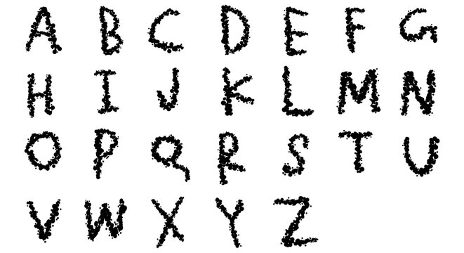 alphabet, A B C D E F G H I J K L M N O P Q R S T U V W X Y Z png, the English alphabet displayed in uppercase letters. Each letter is made up of small dots or specks.