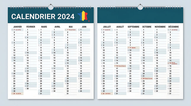 2024 French wall calendar design. Professional annual planner for business and home office.