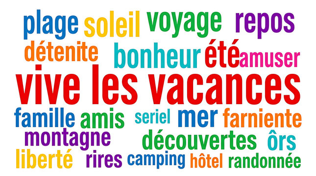 Summer vacation word cloud graphic. Colorful French holiday typography on white background.