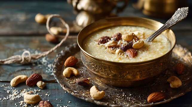Traditional sago pudding served in brass bowl with silver spoon