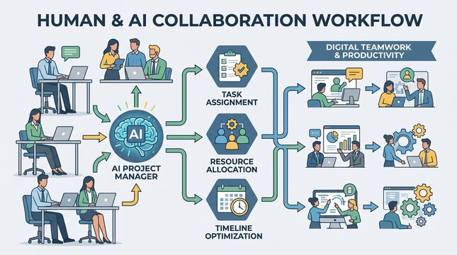 Human and AI collaboration workflow infographic showing project management, task assignment, and resource allocation.