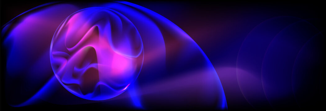Abstract 3D Banner With Glossy Blue Purple Liquid Sphere, Neon Gradient Waves And Dark Copy Space, Futuristic Panoramic Background For Technology, Artificial Intelligence And Digital Presentation