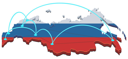 3D isometric map of Russia with national flag and glowing cyan connectivity lines connecting major regional nodes, logistics routes, and telecommunication networks. (cut out) © Onidji