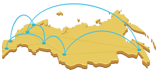 3D isometric map of Russia in yellow tones with glowing cyan connectivity lines connecting major regional nodes, logistics routes, and telecommunication networks. (cut out) © Onidji