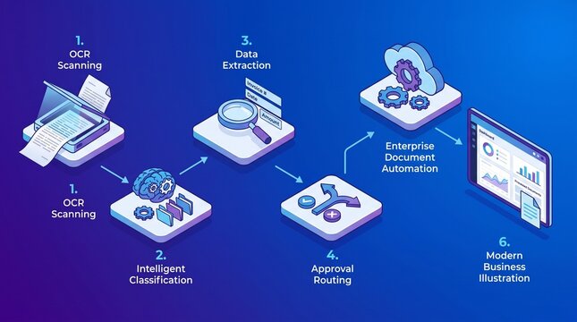 Isometric Diagram of Automated Enterprise Document Processing and Workflow Steps.