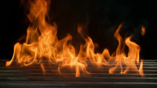 Dynamic orange flames dance across dark metal grates with intense heat and bright embers during a cinematic close up