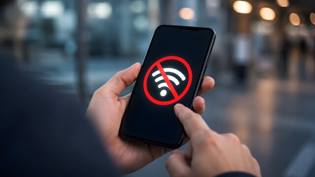 Smartphone displaying no internet connection error symbol with red slash over wifi icon held by hands in blurred urban background