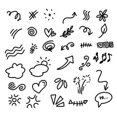Obraz premium Hand Drawn Doodle Elements Set with Arrows Hearts Speech Bubble Stars and Abstract Symbols Vector Collection