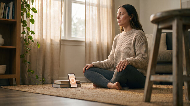 Woman Meditating at Home Using Guided Breathing App on Phone