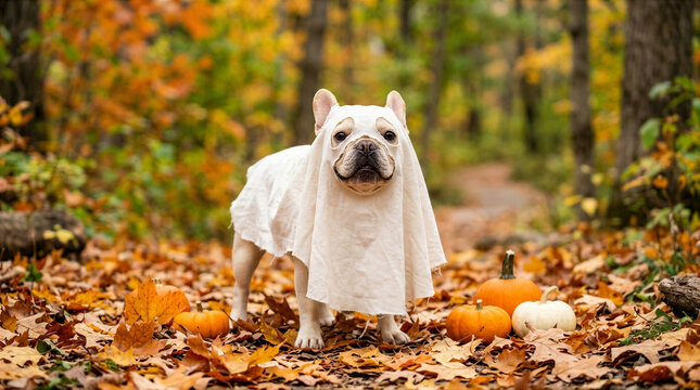 French Bulldog Dressed as a Ghost in Autumn Forest with Pumpkins