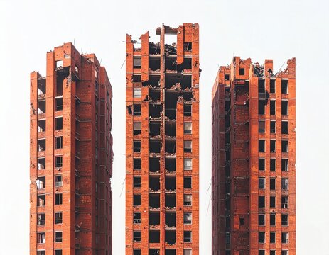 Three decaying brick high-rises stand stark against a bright sky