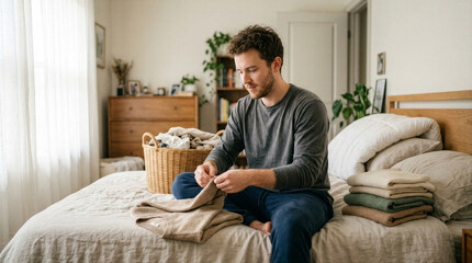 Fototapeta premium Man folding laundry on bed in bedroom with natural light