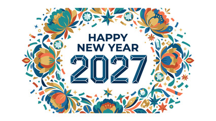 Fototapeta premium New Year 2027 Celebration Garland: A festive and colorful graphic design wishing Happy New Year 2027 within an ornamental floral garland border, featuring abstract shapes and confetti elements.