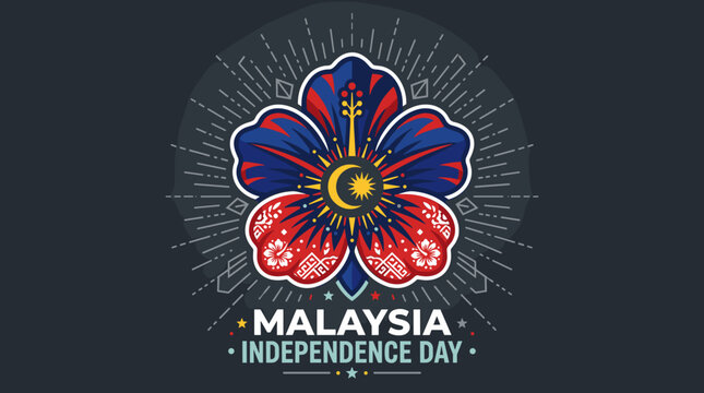 Hibiscus flower emblem with Malaysian flag patterns and rays.
