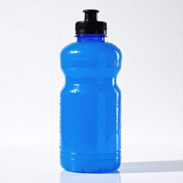Bright blue plastic hydration bottle with black sport cap, studio shot