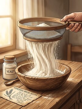 Person sifting flour into a wooden bowl for homemade bread baking