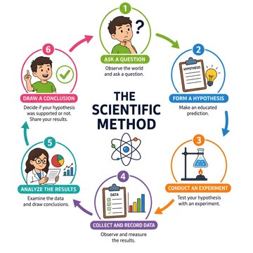 Scientific Inquiry Process Flowchart with Observation, Hypothesis, Experiment and Results Vector