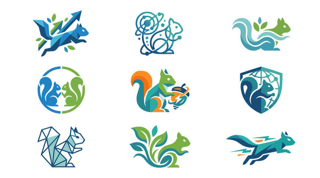 Collection of stylized squirrel logos and icons.