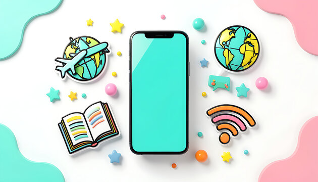 Smartphone displaying global communication and travel apps. Mobile device with digital connectivity icons for business and tourism.