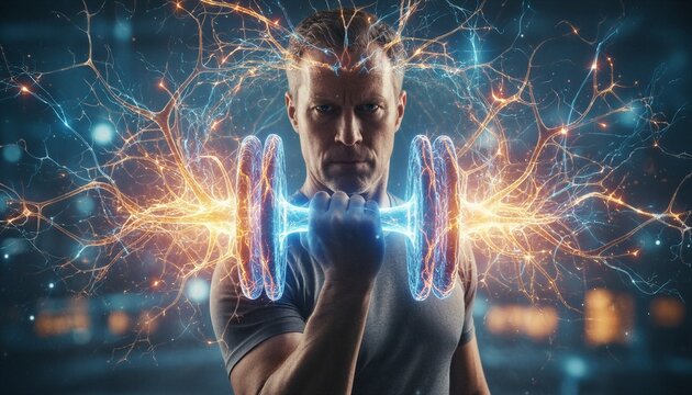 Athlete man lifting digital glowing dumbbell with neural network energy. Concept of willpower and mind muscle connection. Innovation in sports science and futuristic fitness technology training.