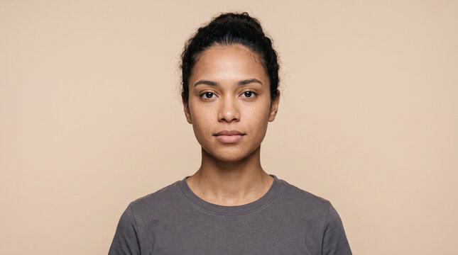 Young mixed race woman with neutral expression on studio background