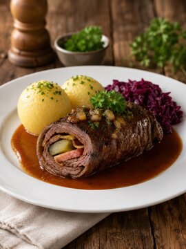 Traditionelle deutsche Rinderroulade mit Kartoffelkl&ouml;&szlig;en, Rotkohl und aromatischer Bratenso&szlig;e auf rustikalem Holztisch. Herzhafter deutscher Klassiker.
