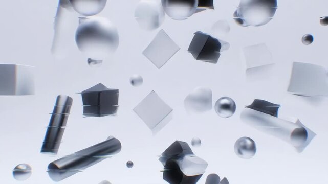 Floating spheres and cubes in abstract style over pale backdrop, concept of modern minimal motion design idea