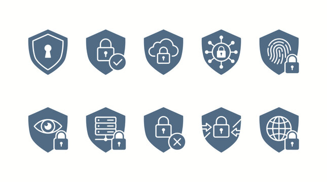 Cybersecurity badges feature professional shield emblems incorporating padlock, fingerprint, and network symbols to represent robust digital defense and secure data storage.