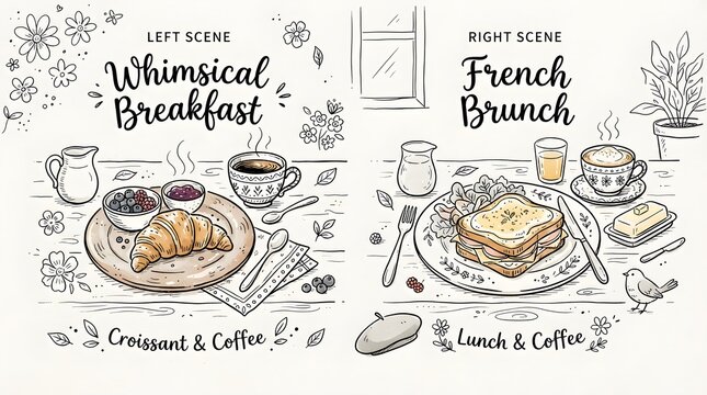 Whimsical Hand Drawn Breakfast and French Brunch Menu Illustration With Croissant, Coffee, Toast, Pancakes, Eggs, Fruit and Elegant Typography for Caf&eacute; Poster, Menu and Restaurant Branding Design