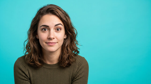 Curious Young Woman Looking with Interest and Smirking on Blue Background