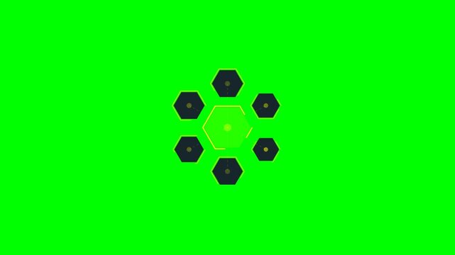 Geometric hexagonal pattern with a central yellow dot on green background