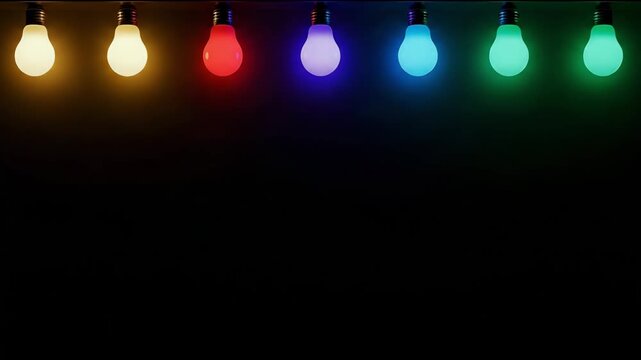 Row of colorful light bulbs against a black background