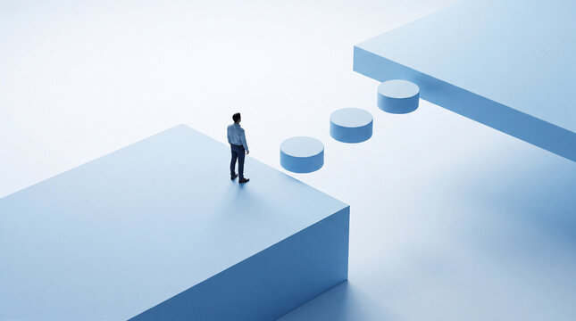 A lone businessman stands on a ledge, looking across a gap towards a series of circular stepping stones.