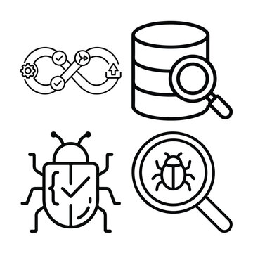 Set of software development and quality assurance icons featuring dev ops infinity database search bug tracking error investigation