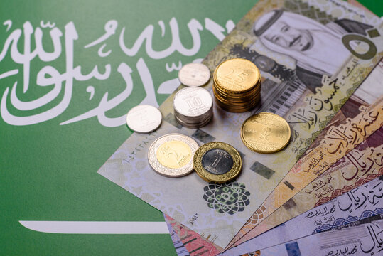 Saudi Arabia paper money, riyal banknotes and coins as currency for exchange. Saudi Arabia money