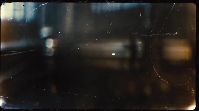 Abstract scratched film texture with blurred lights in a grunge style on a dark background, concept of vintage mood