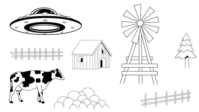 Cartoon style animation of a cow, a fence, a flying saucer, a windmill, a pine tree and a house, black and white art, drawing, 2D.