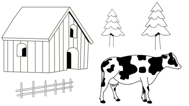 Cartoon style animation of a cow, a fence, a pine tree and a house, black and white art, drawing, 2D.